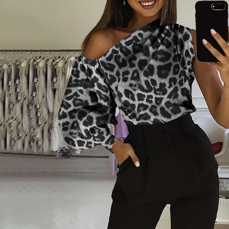 Fashion Satin Blouses Women Sexy Off Shoulder Long Sleeve Party Tops Casual Vintage Leopard Print Elegant Work Blusas