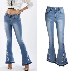 Flare Denim Jeans with Floral Embroidery - A Fit that Flatters