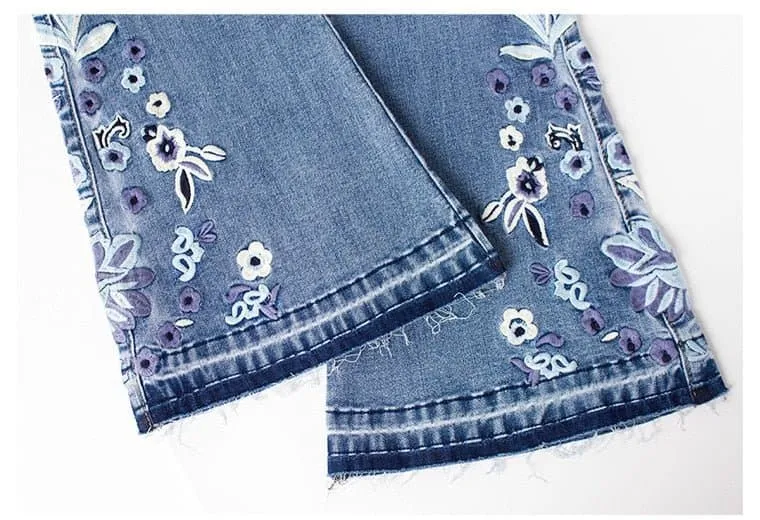 Flare Denim Jeans with Floral Embroidery - A Fit that Flatters