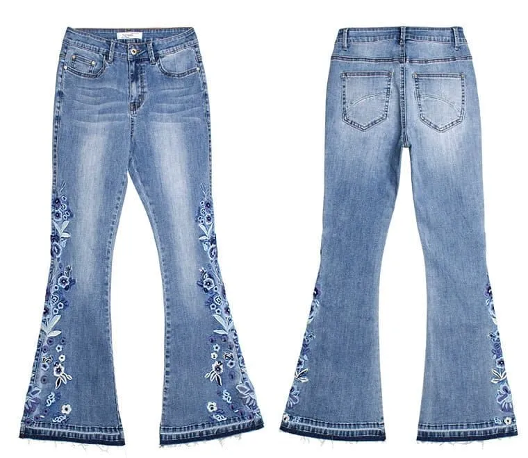 Flare Denim Jeans with Floral Embroidery - A Fit that Flatters