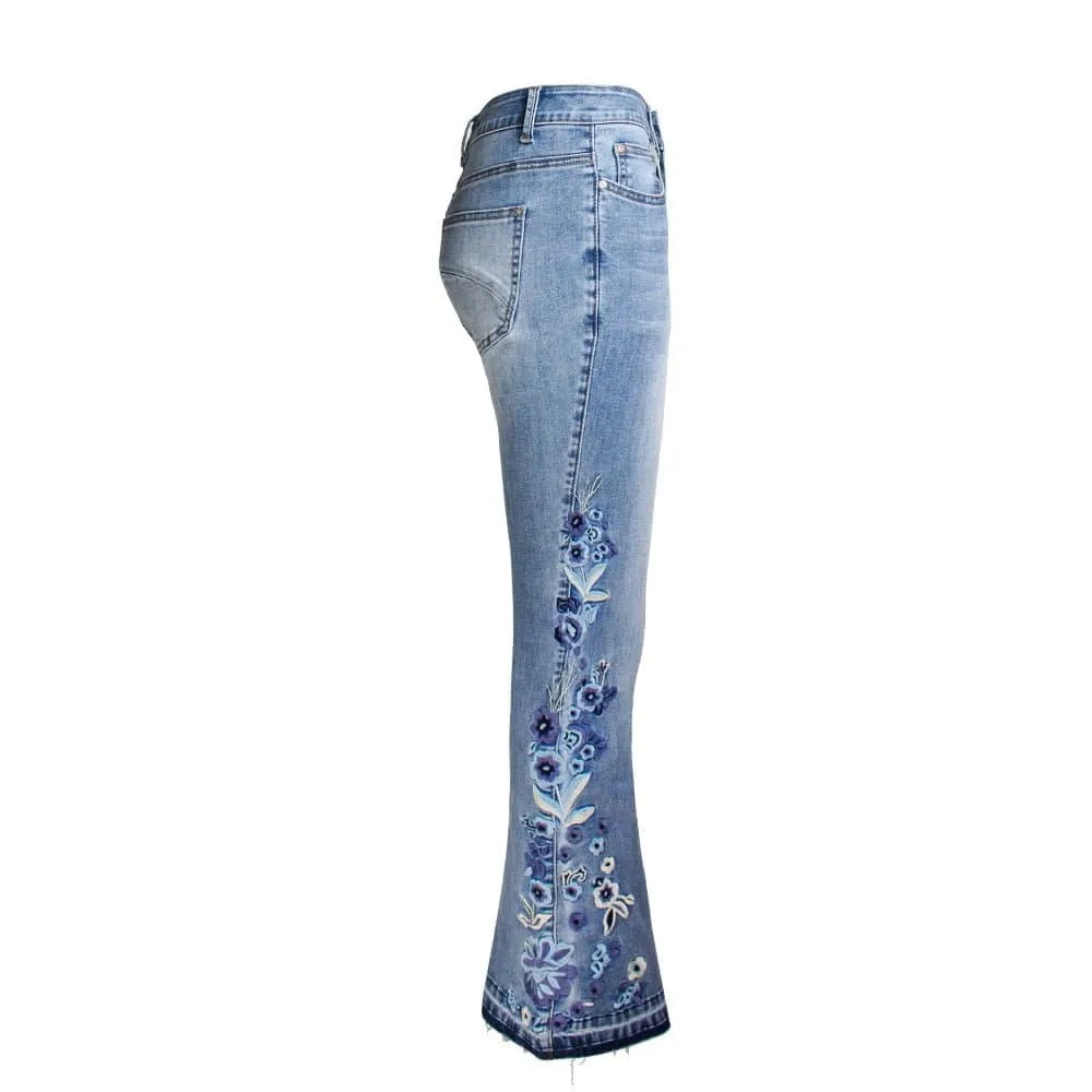 Flare Denim Jeans with Floral Embroidery - A Fit that Flatters