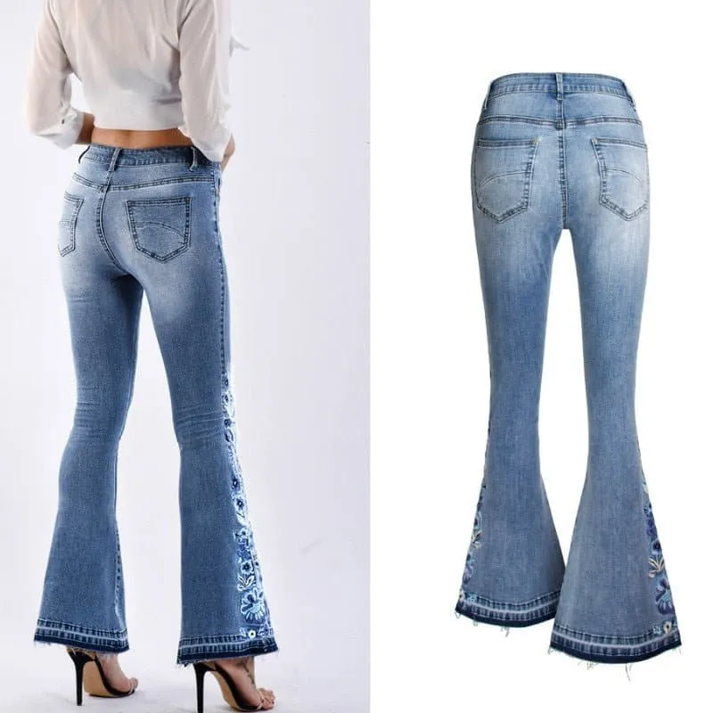 Flare Denim Jeans with Floral Embroidery - A Fit that Flatters