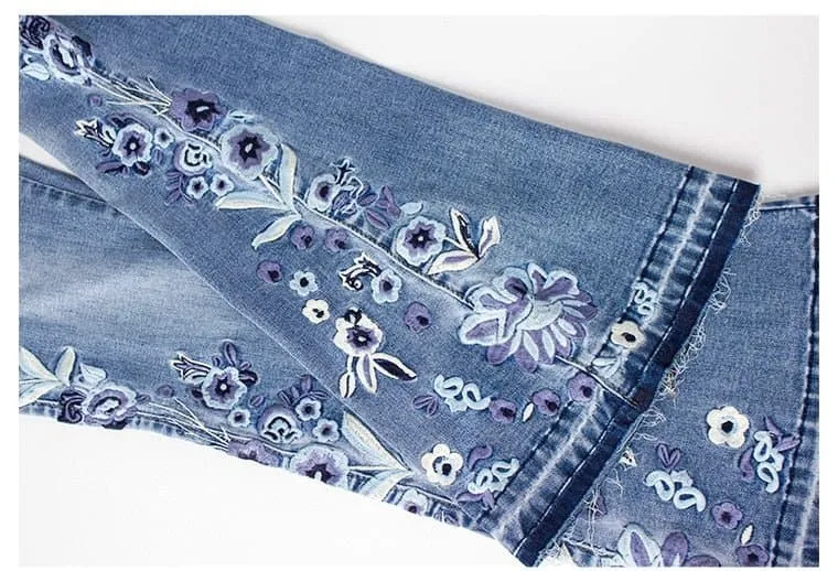 Flare Denim Jeans with Floral Embroidery - A Fit that Flatters