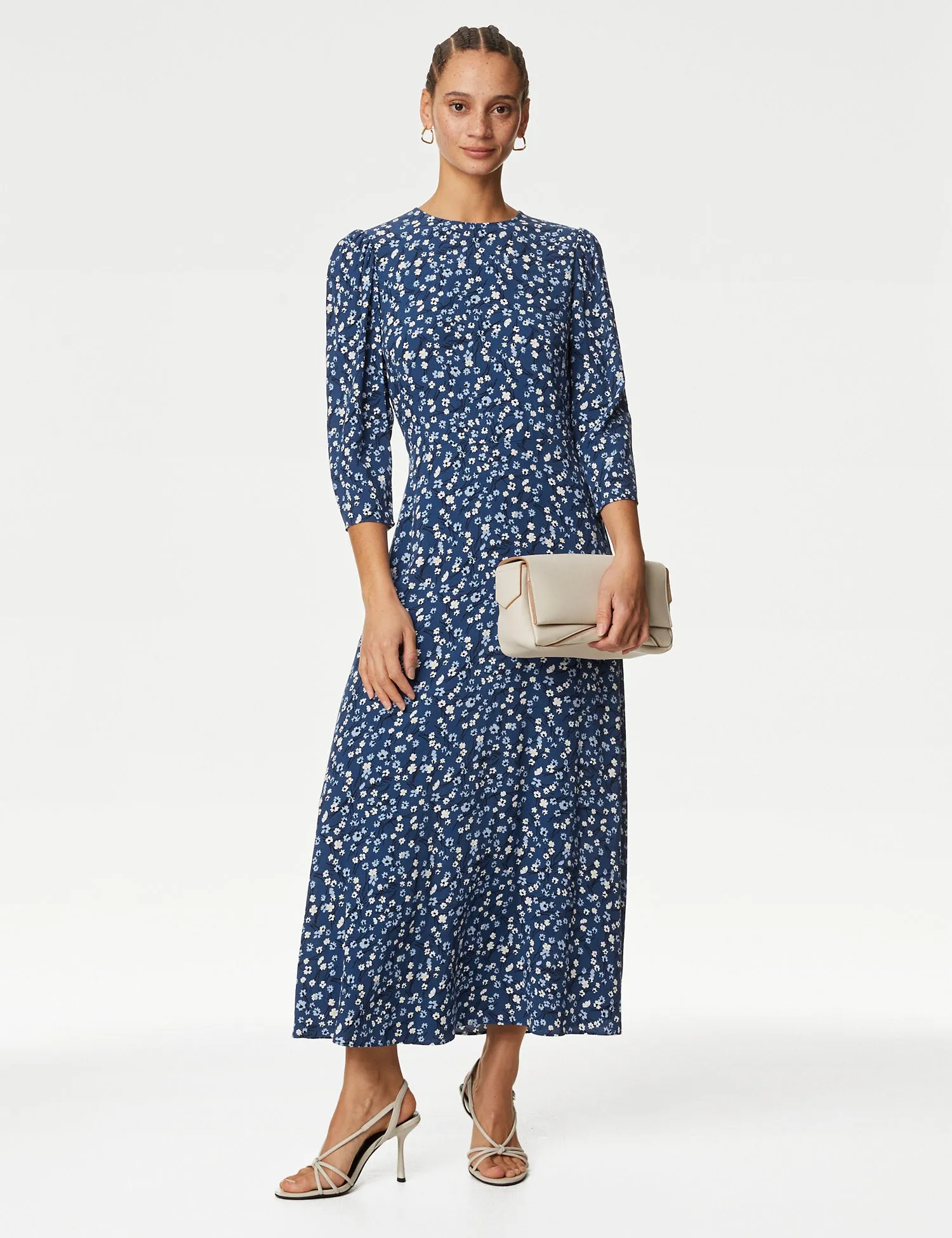 Floral Round Neck Midi Tea Dress