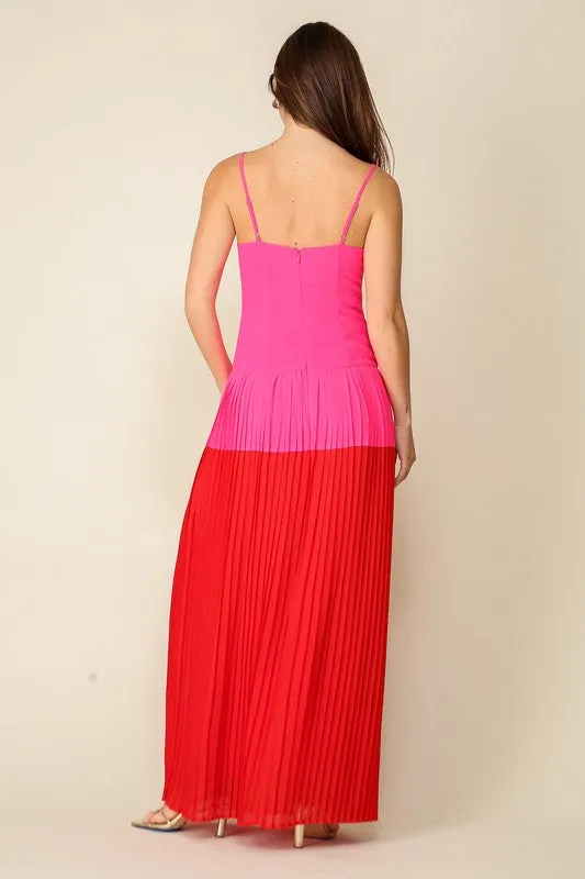 Fuchsia/Red Midi Color Blocked Dress