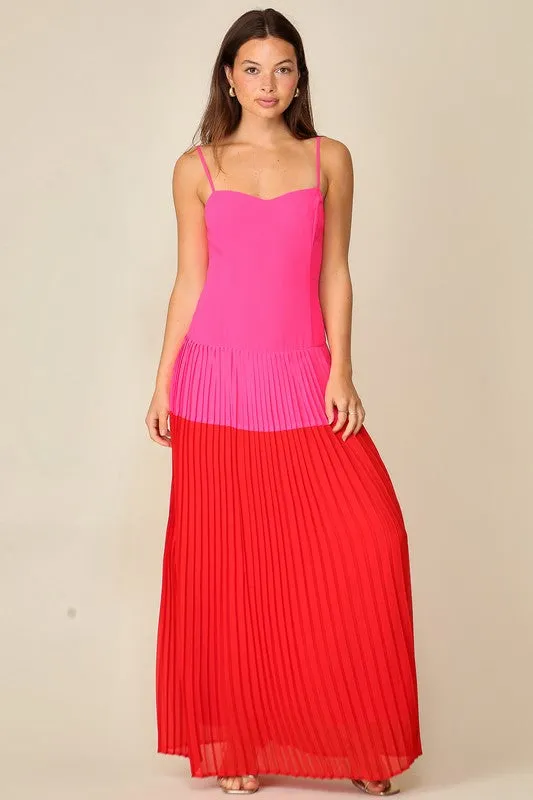 Fuchsia/Red Midi Color Blocked Dress