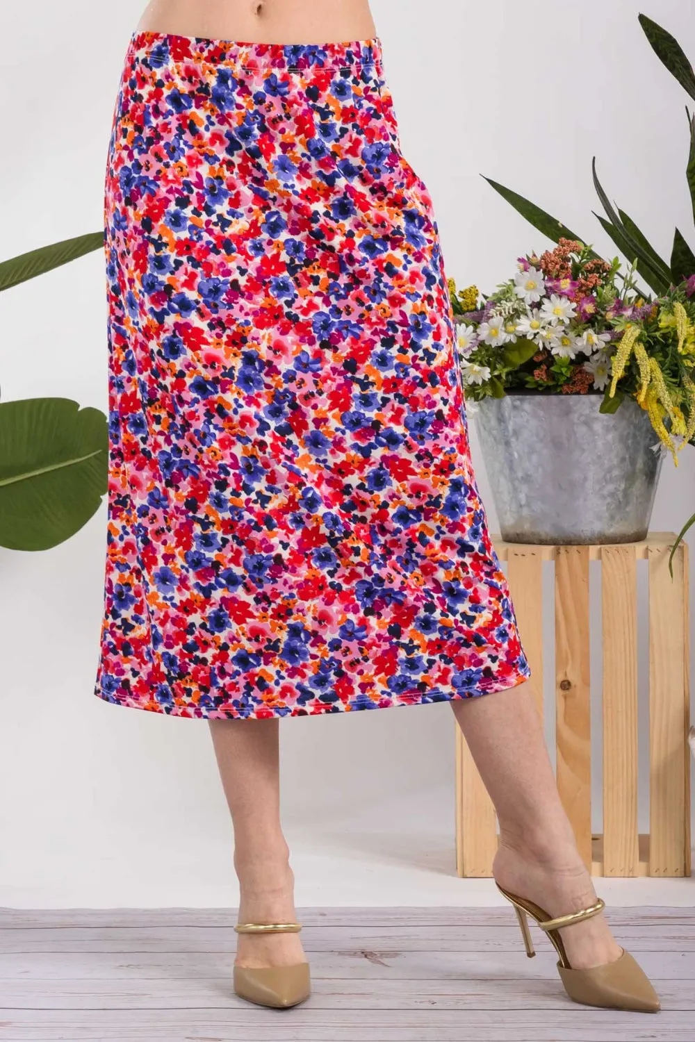 Full Size Floral A-Line Midi Skirt