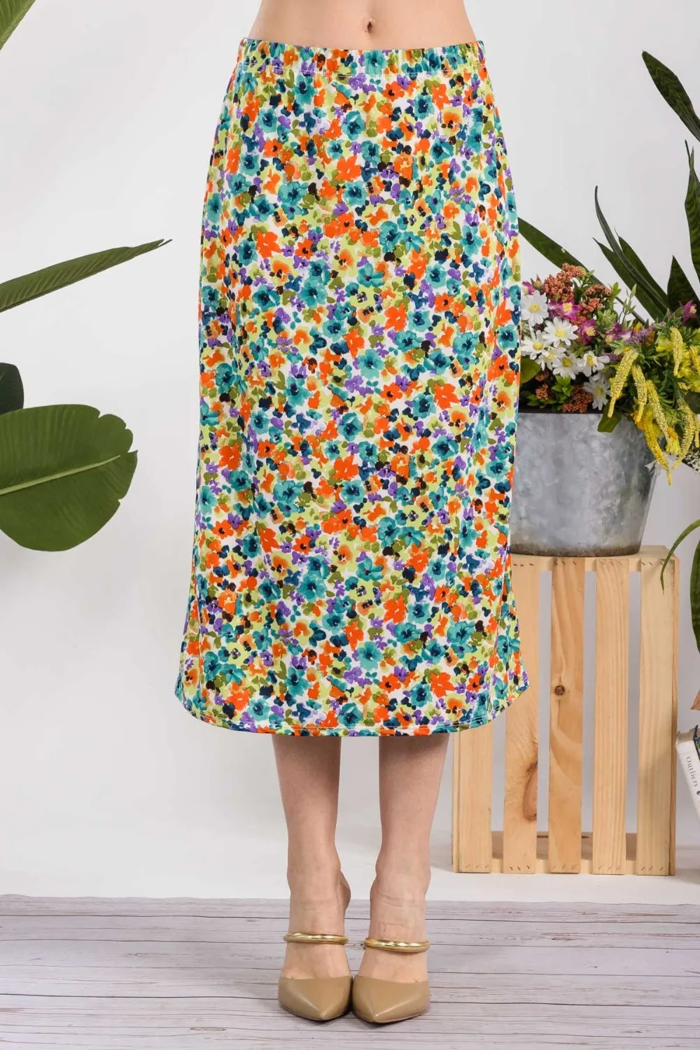 Full Size Floral A-Line Midi Skirt