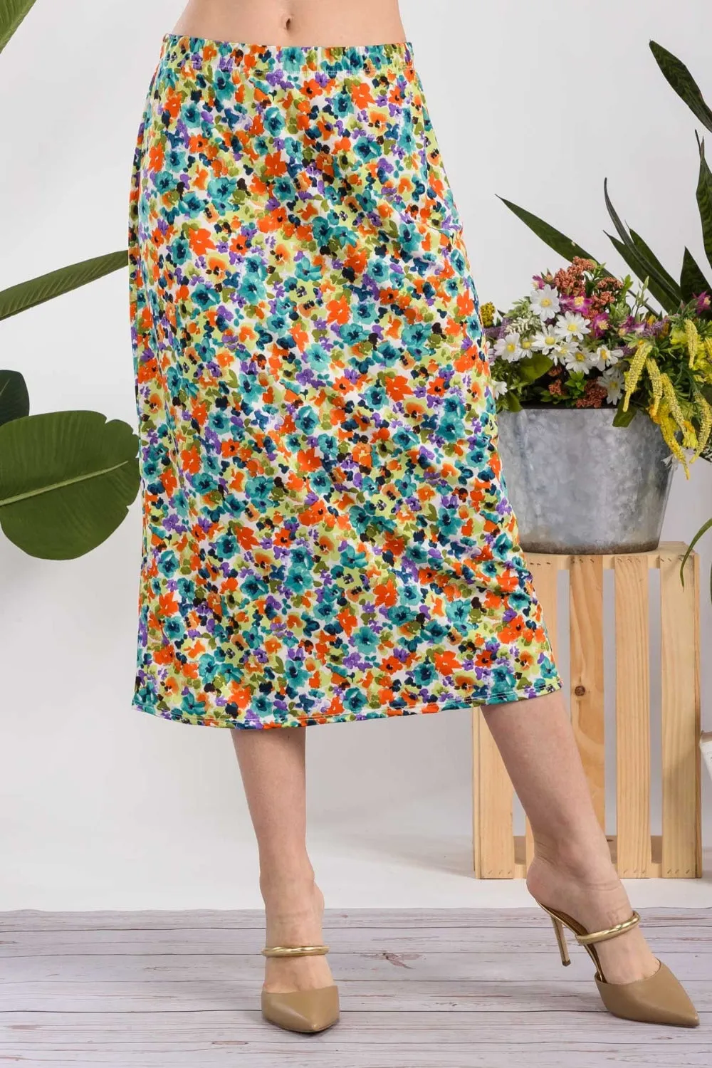 Full Size Floral A-Line Midi Skirt