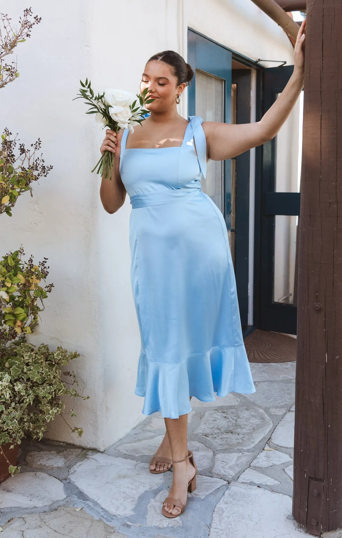 Garden Midi Dress ~ Baby Blue Luxe Satin