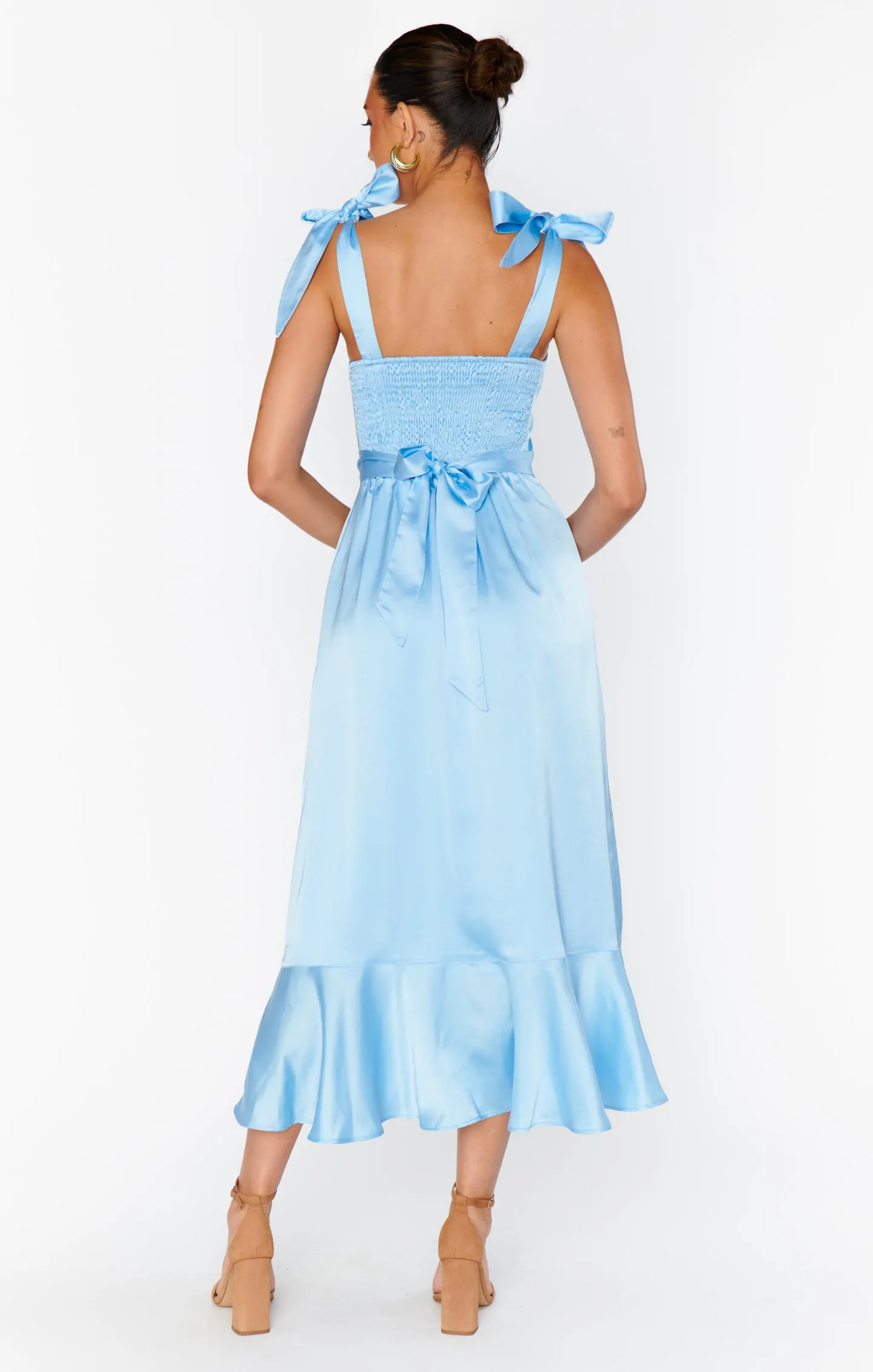 Garden Midi Dress ~ Baby Blue Luxe Satin