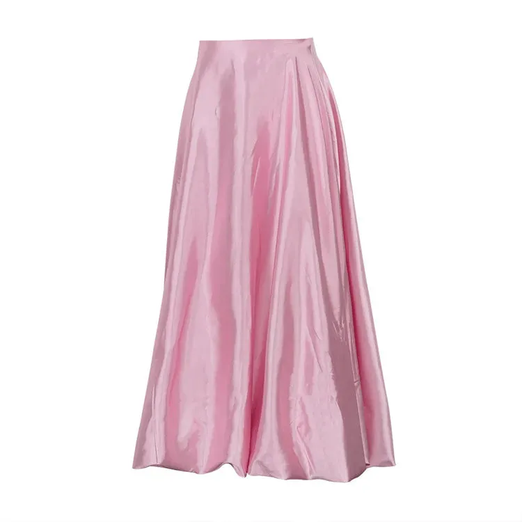 Girlary Fashionable Wax Dyed Balloon Skirt Spring and Summer Women's Simple Solid Color Casual Versatile High Waist Pleated Fluffy Skirt