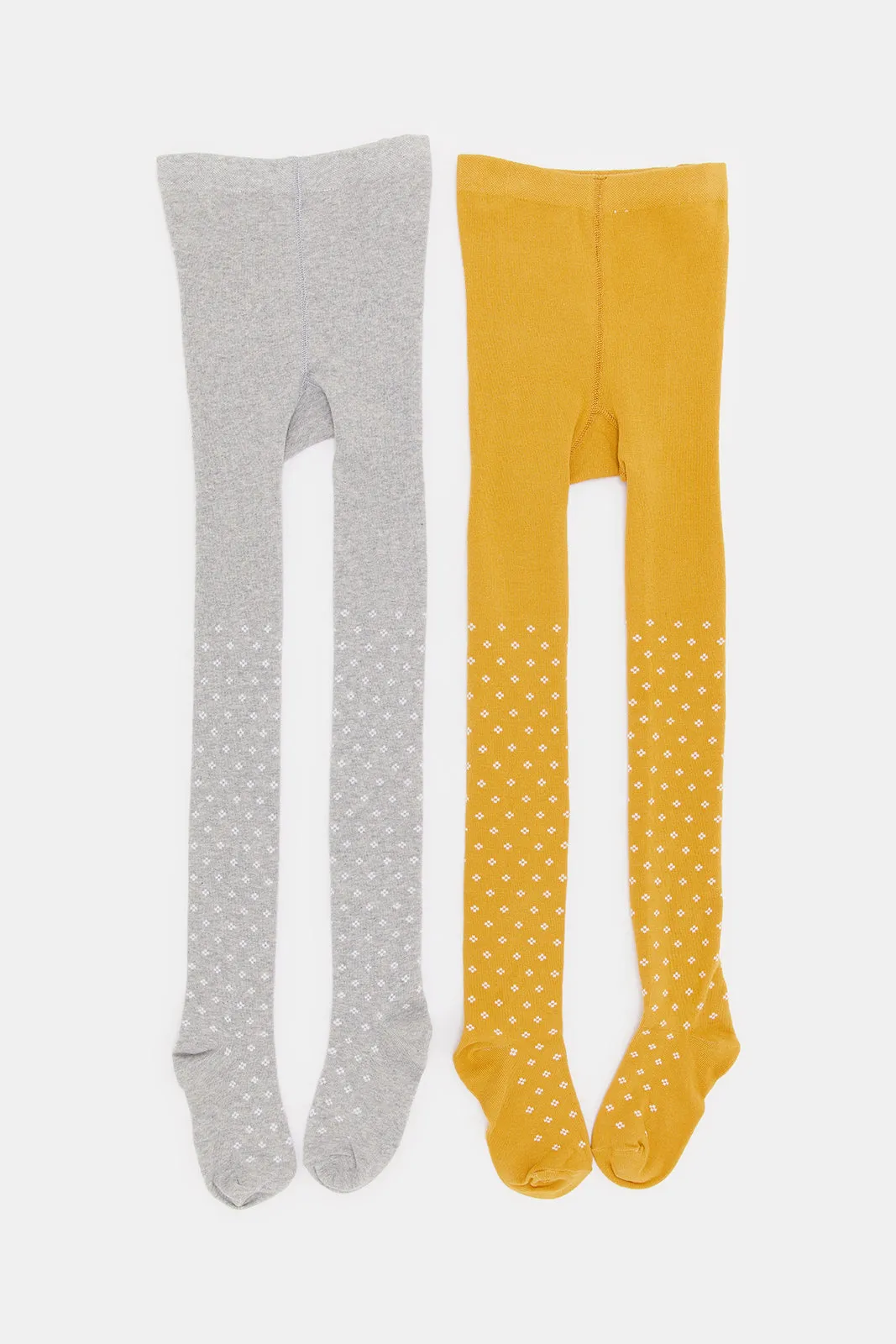 Girls Mustard And Grey Printed Long Length Stockings (Pack of 2)