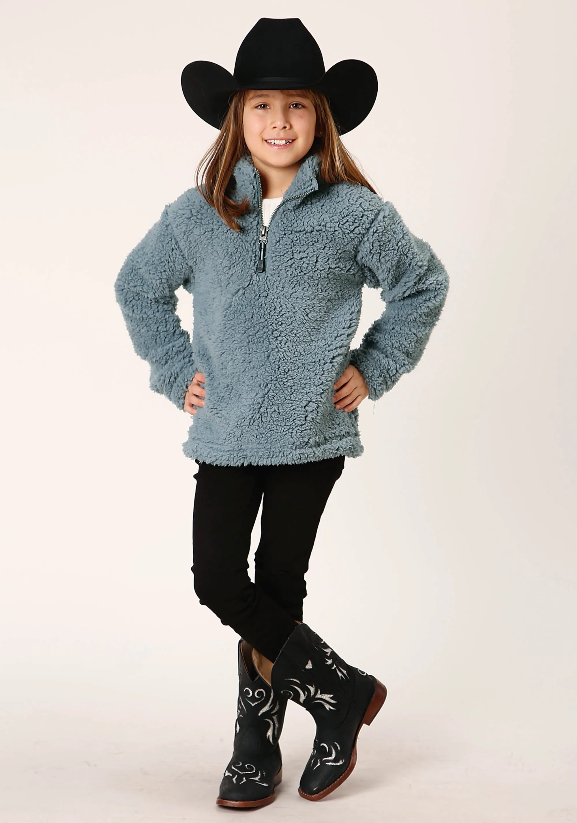 GIRLS WOMENS  SOLID STEEL BLUE POLAR FLEECE PULLOVER