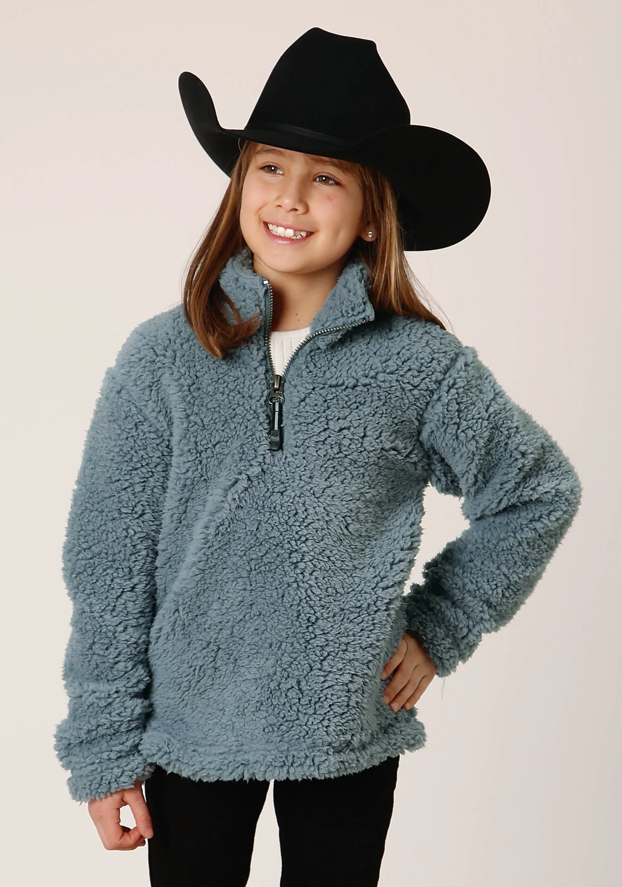 GIRLS WOMENS  SOLID STEEL BLUE POLAR FLEECE PULLOVER