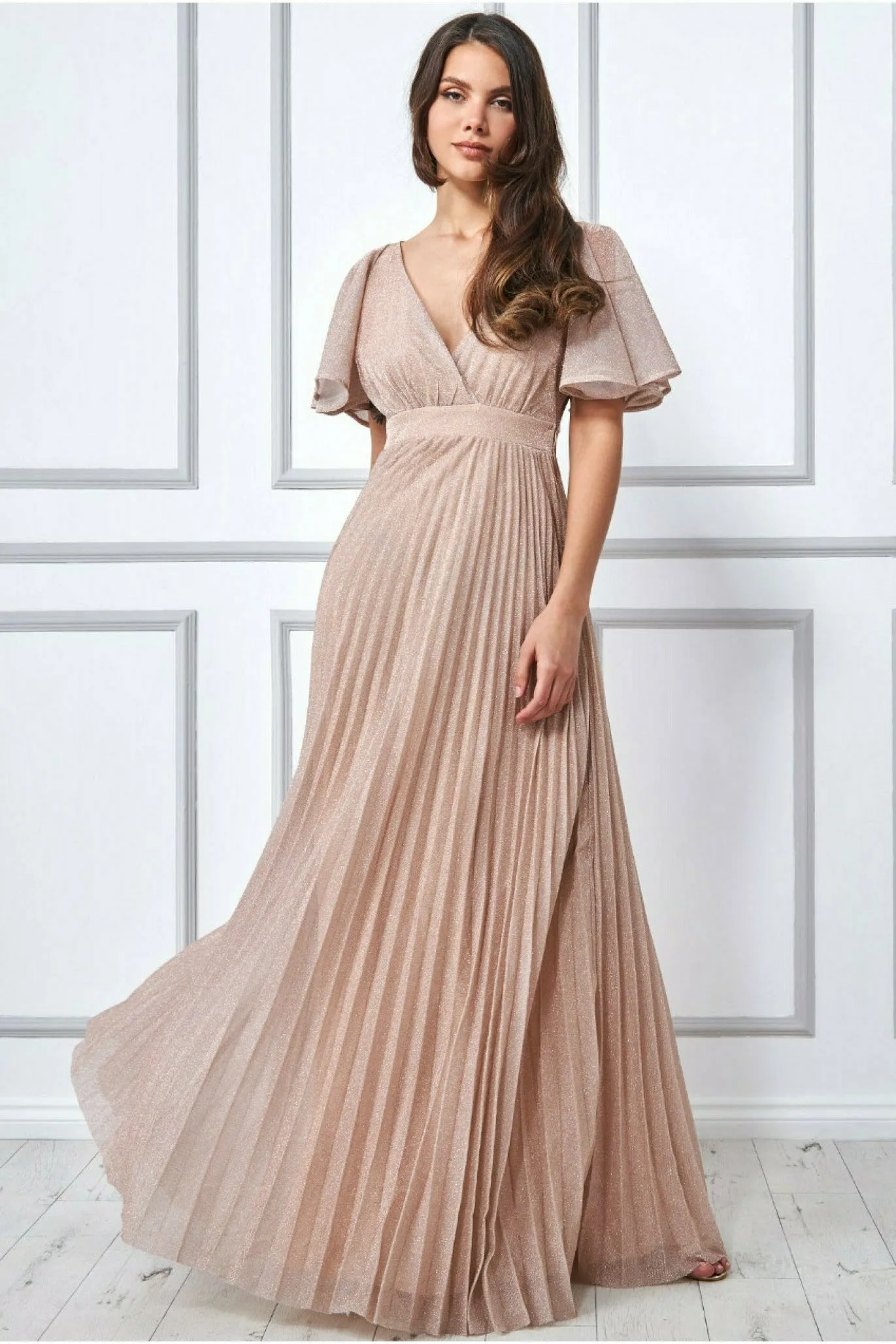 Goddiva Lurex Pleated Maxi Dress - Pink