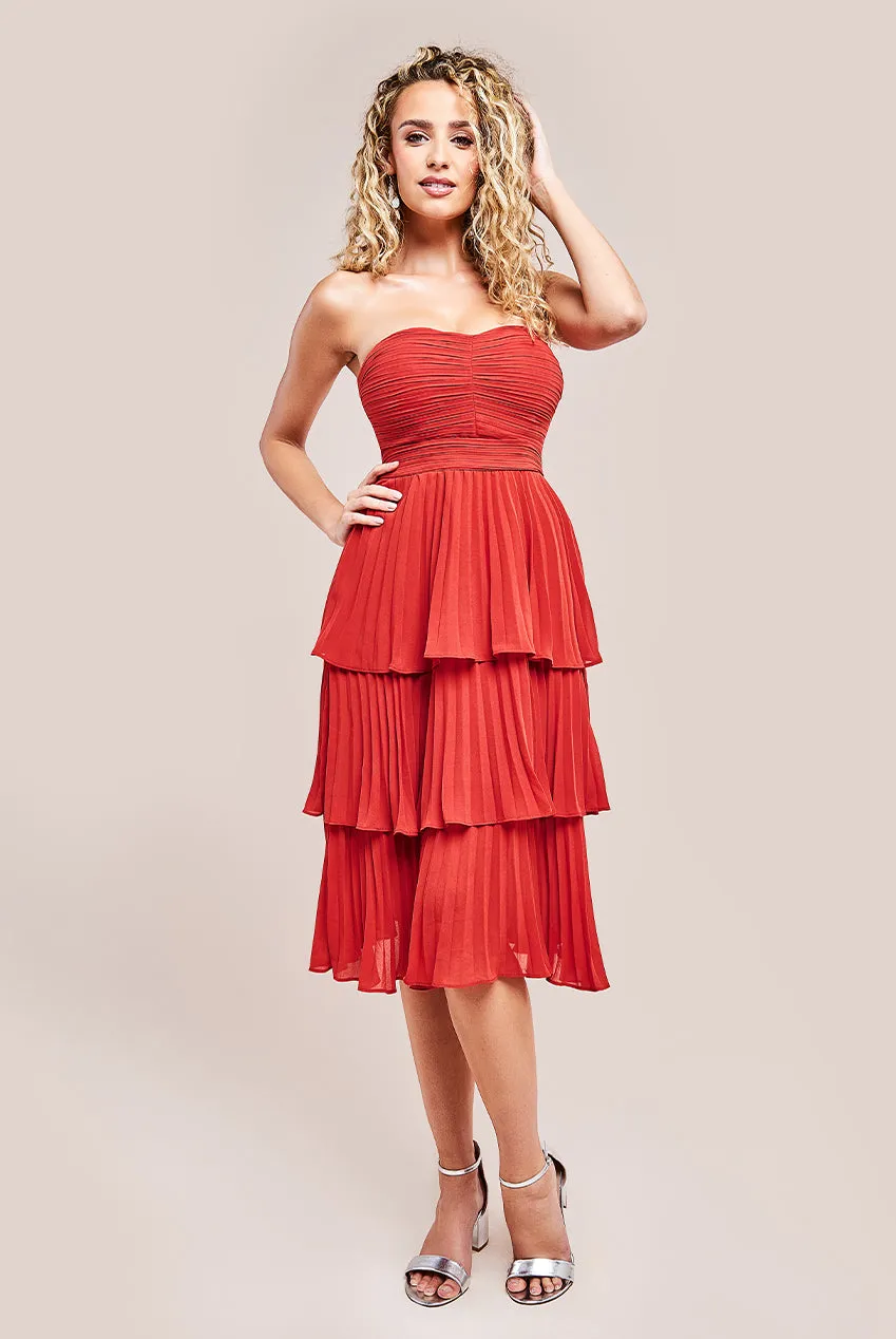 Goddiva Pleated Bandeau Bodice Chiffon Tiered Midi - Orange