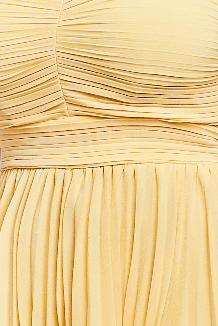 Goddiva Pleated Bandeau Bodice Chiffon Tiered Midi - Yellow