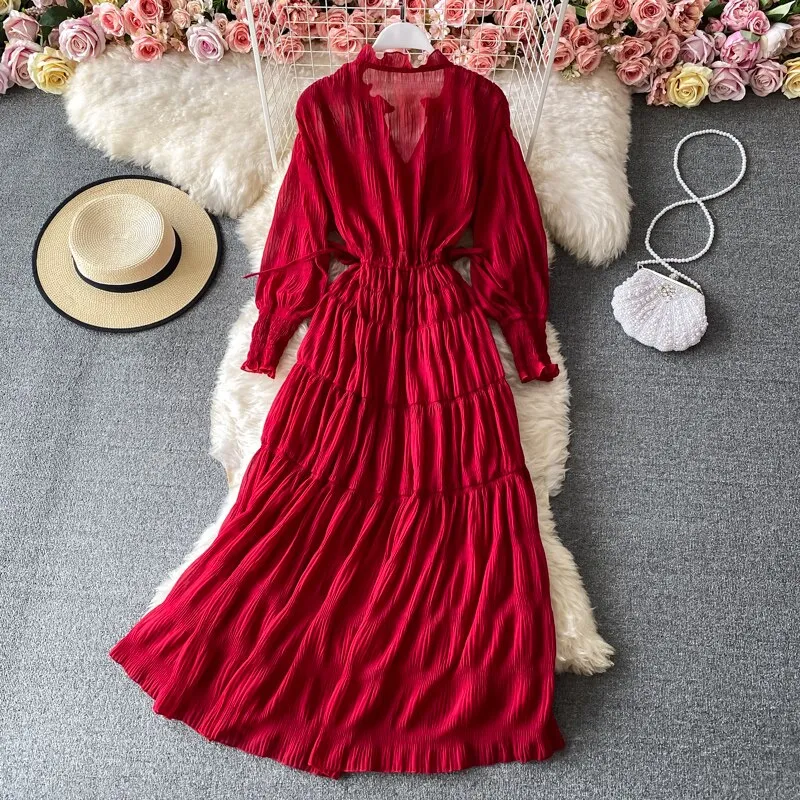 Graduation gift Elegant Pleated V-Neck Bandage Women Dress Female Casual Flare Sleeve Vacation Robe Vestidos OL Vintage A-line Spring Clothes