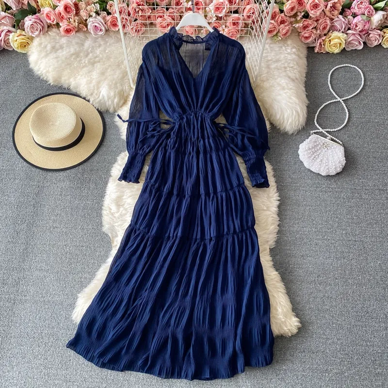 Graduation gift Elegant Pleated V-Neck Bandage Women Dress Female Casual Flare Sleeve Vacation Robe Vestidos OL Vintage A-line Spring Clothes