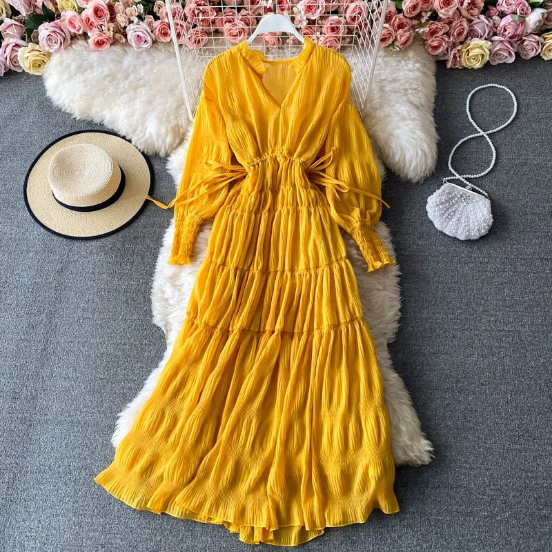 Graduation gift Elegant Pleated V-Neck Bandage Women Dress Female Casual Flare Sleeve Vacation Robe Vestidos OL Vintage A-line Spring Clothes