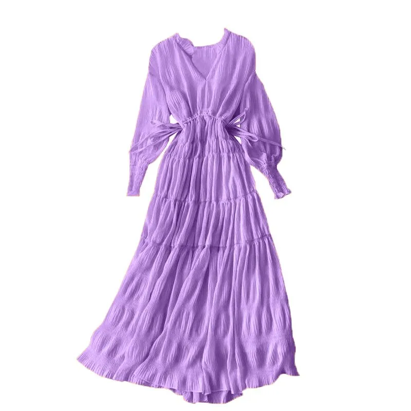 Graduation gift Elegant Pleated V-Neck Bandage Women Dress Female Casual Flare Sleeve Vacation Robe Vestidos OL Vintage A-line Spring Clothes