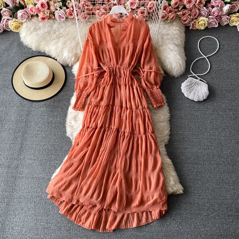 Graduation gift Elegant Pleated V-Neck Bandage Women Dress Female Casual Flare Sleeve Vacation Robe Vestidos OL Vintage A-line Spring Clothes