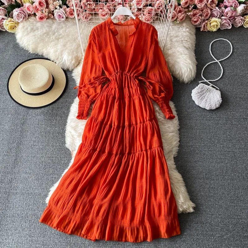 Graduation gift Elegant Pleated V-Neck Bandage Women Dress Female Casual Flare Sleeve Vacation Robe Vestidos OL Vintage A-line Spring Clothes