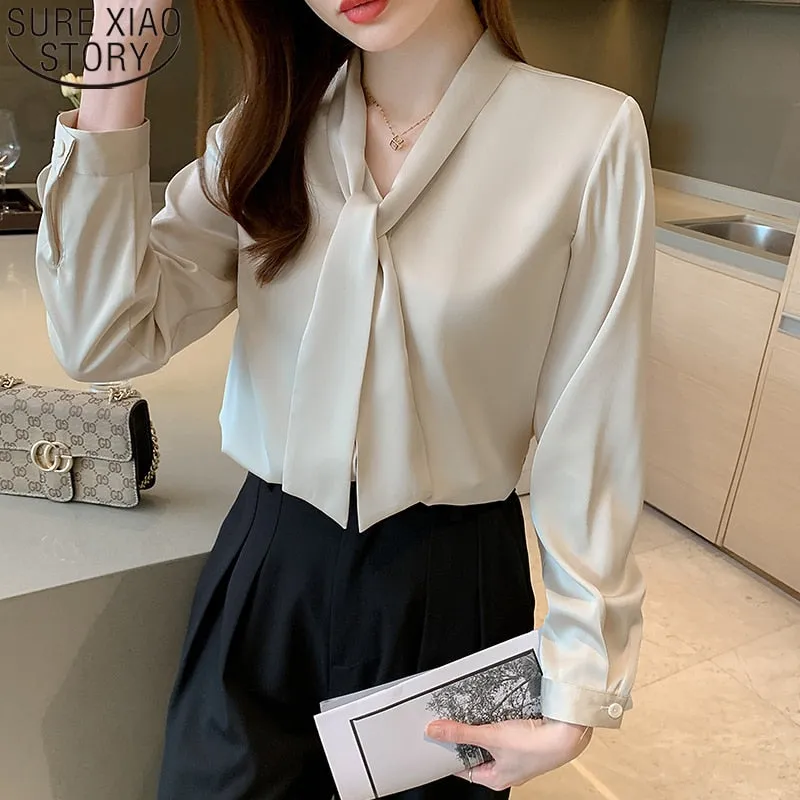 Graduation Gifts  2022 New Office Lady Elegant Shirt Green Satin Blouse Women Long Sleeve Fashion Bow Tie Ribbon Tops Clothes Blusa Mujer 16707