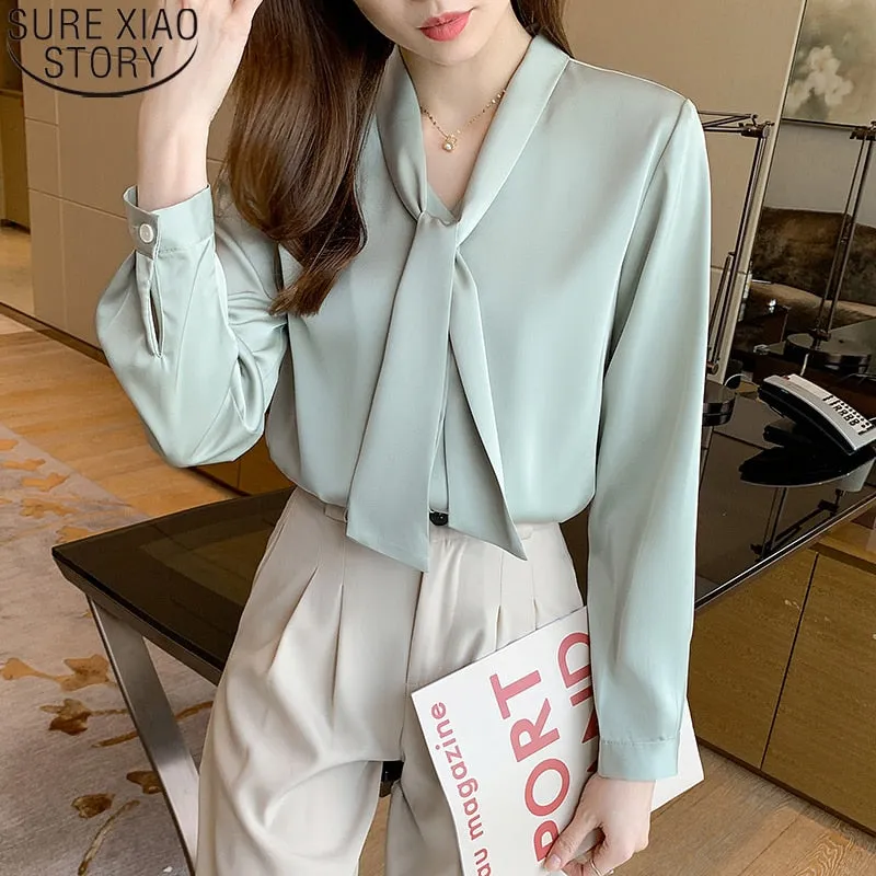 Graduation Gifts  2022 New Office Lady Elegant Shirt Green Satin Blouse Women Long Sleeve Fashion Bow Tie Ribbon Tops Clothes Blusa Mujer 16707