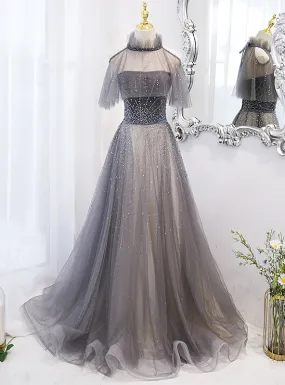 Gray Tulle Strapless Beading Prom Dress With Shawl