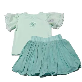 Green Pleated Skirt With Tshirt Set