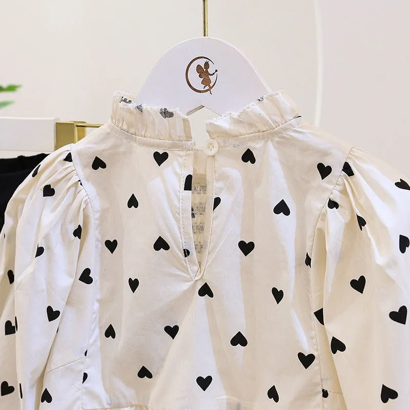 Heart Shapes Print Cotton Shirt and Bow Flared Pants