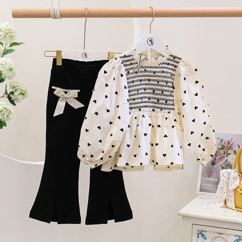 Heart Shapes Print Cotton Shirt and Bow Flared Pants