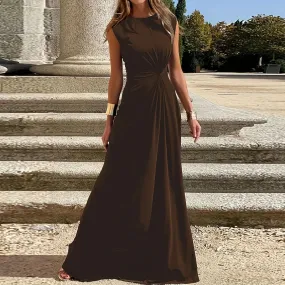 High Waist Pleated Long Elegant Temperament O Neck Solid Evening New Lady Sexy Twisted Robe Summer Casual Dress