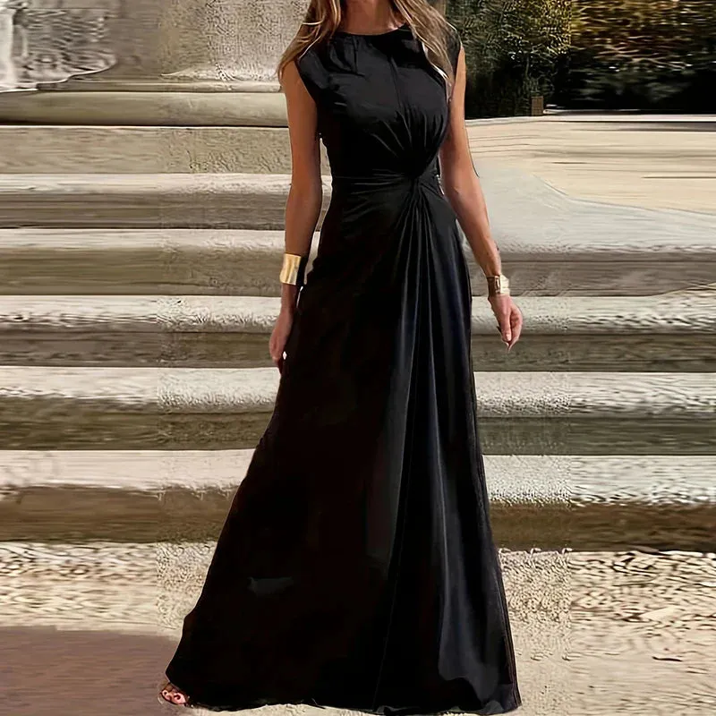 High Waist Pleated Long Elegant Temperament O Neck Solid Evening New Lady Sexy Twisted Robe Summer Casual Dress