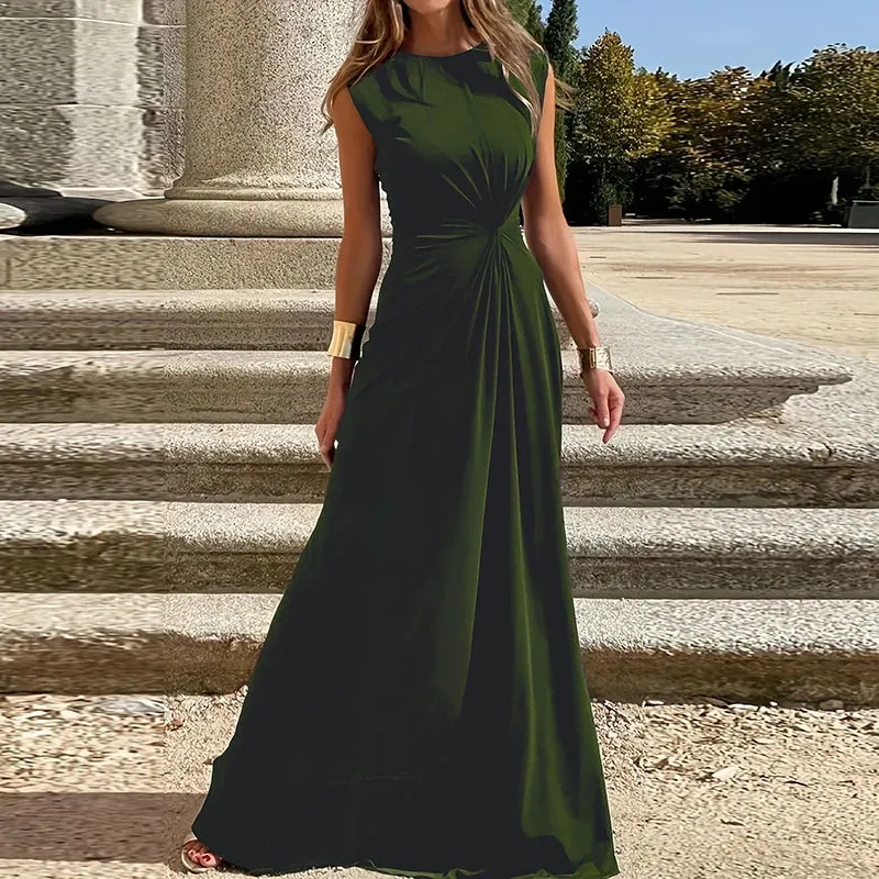 High Waist Pleated Long Elegant Temperament O Neck Solid Evening New Lady Sexy Twisted Robe Summer Casual Dress