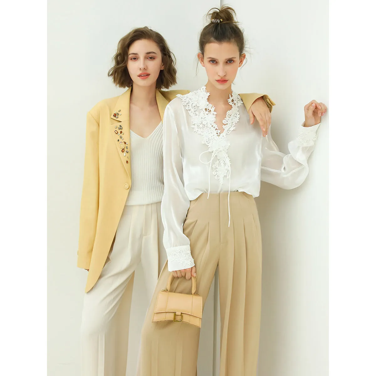 High Waist Pleated Wide Leg Beige Pants