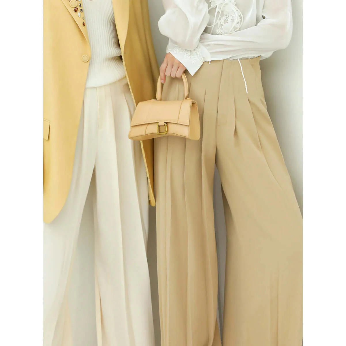 High Waist Pleated Wide Leg Beige Pants