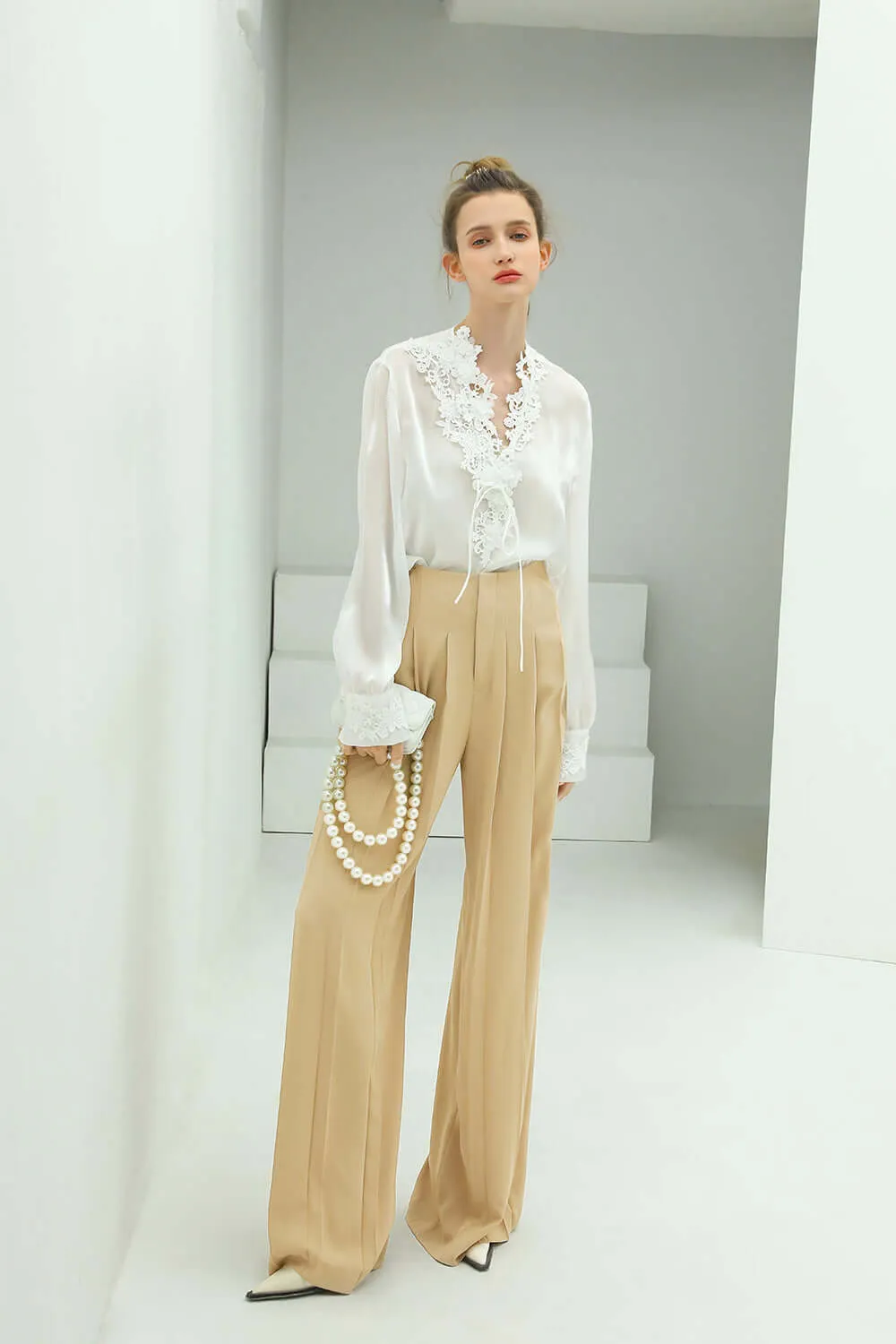 High Waist Pleated Wide Leg Beige Pants