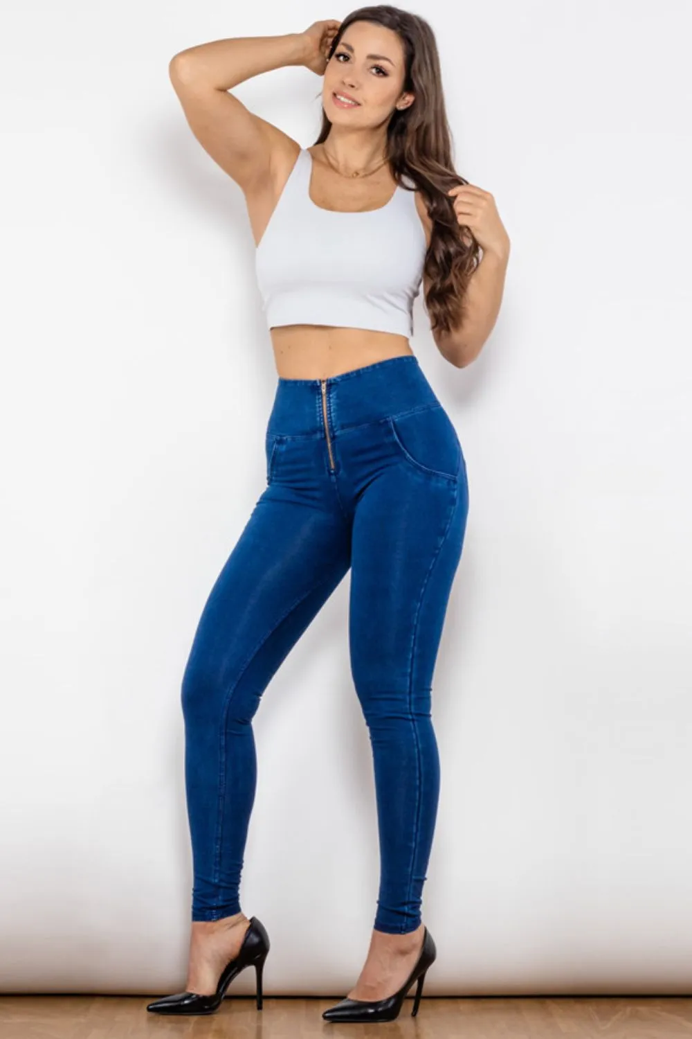 High Waist Zip Up Skinny Long Jeans