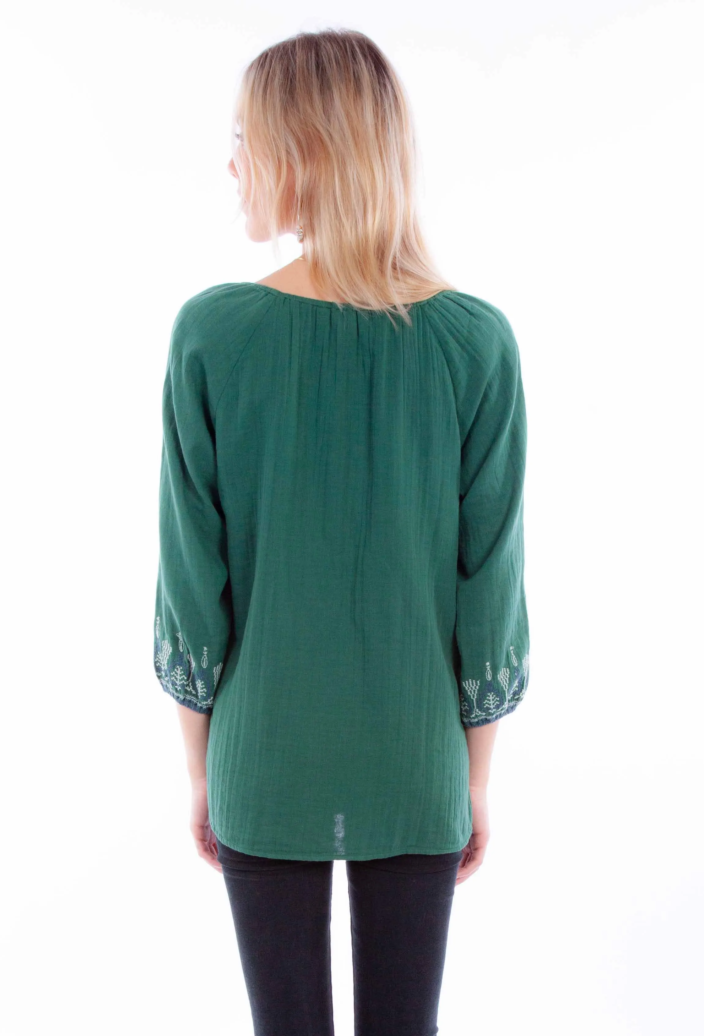 Honey creek jade pullover tie front emb. Blouse