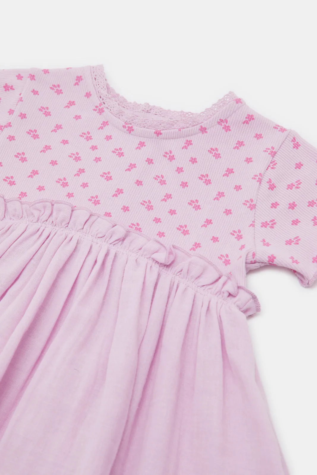 Infant Girls Lilac Printed Rib Yoke Dress