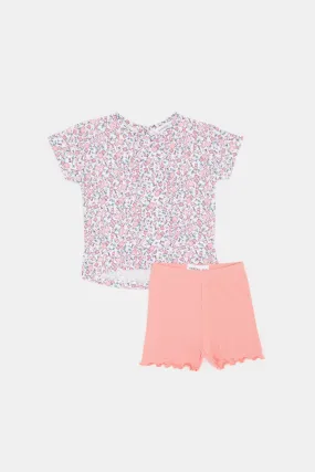 Infant Girls White Floral Print T Shirt With Tights (2 Piece)