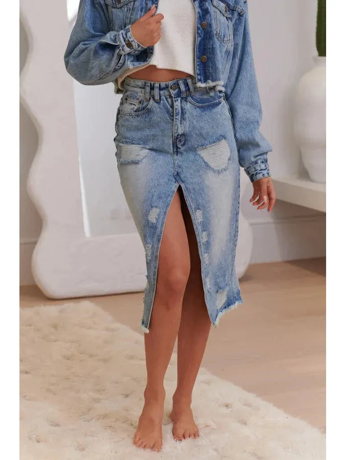 JAASE Moss Ripped Denim Midi Skirt