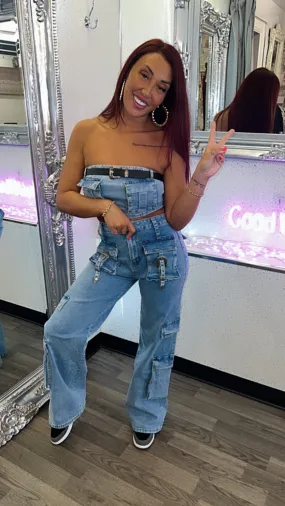 Jessica Flared Denim Jean and Crop Top Set with Belt accessory