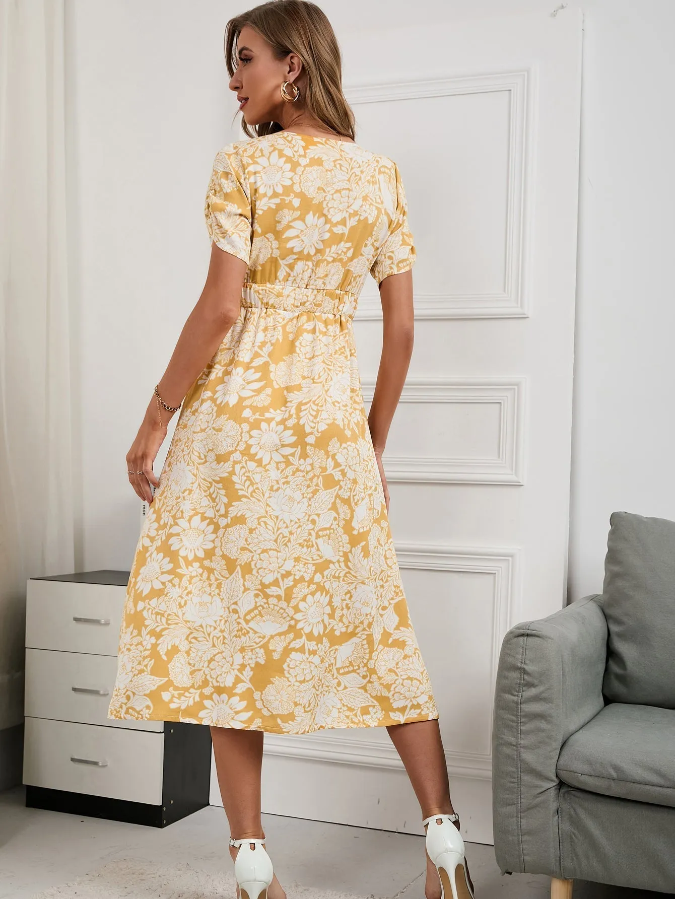 KittenAlarm - Floral Print V Neck Dress