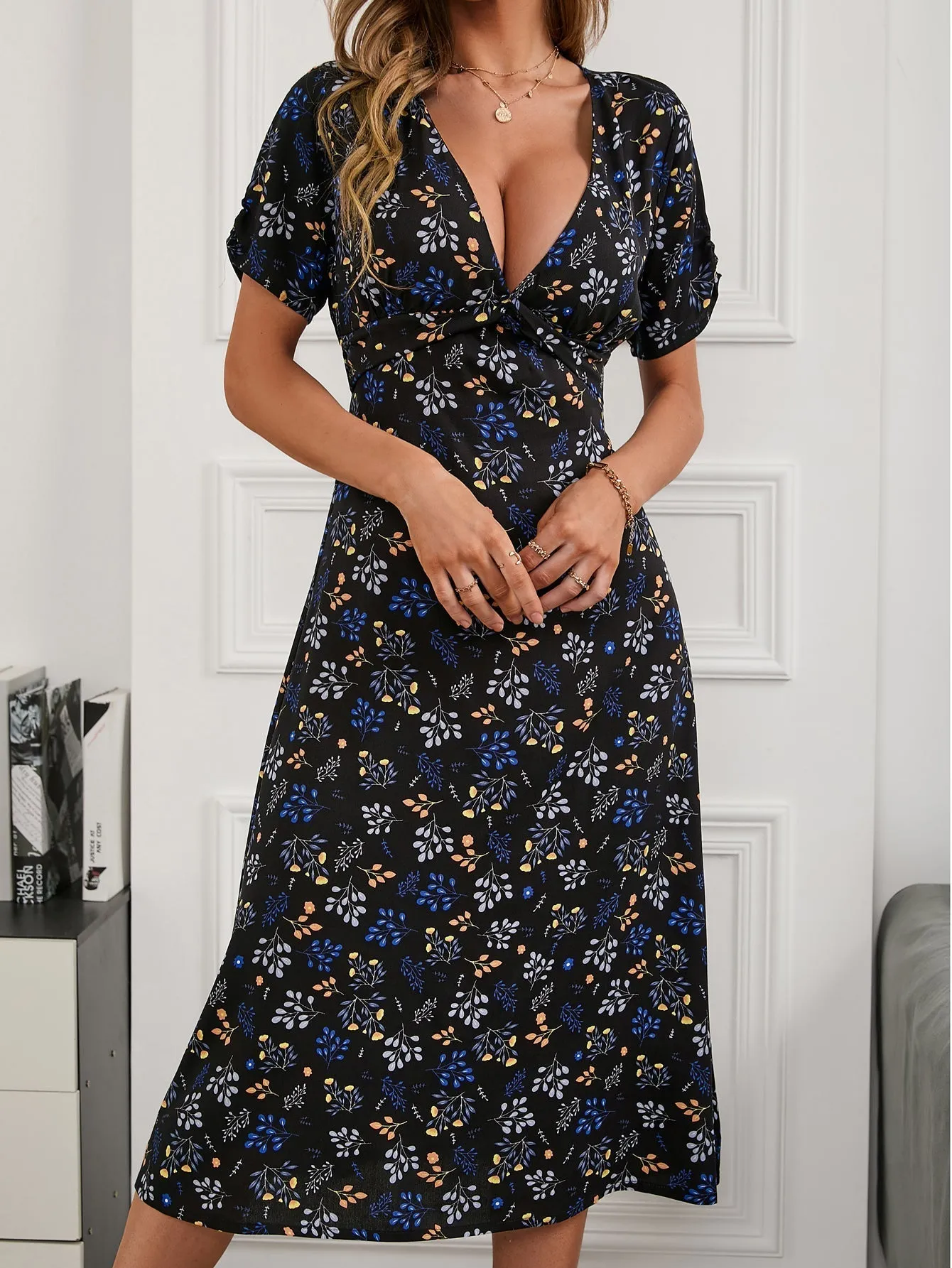 KittenAlarm - Floral Print V Neck Dress