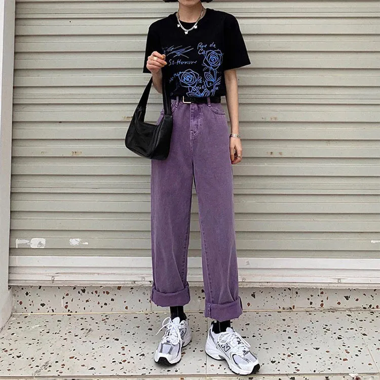 KittenAlarm - High Waist Loose Purple Jeans Pants