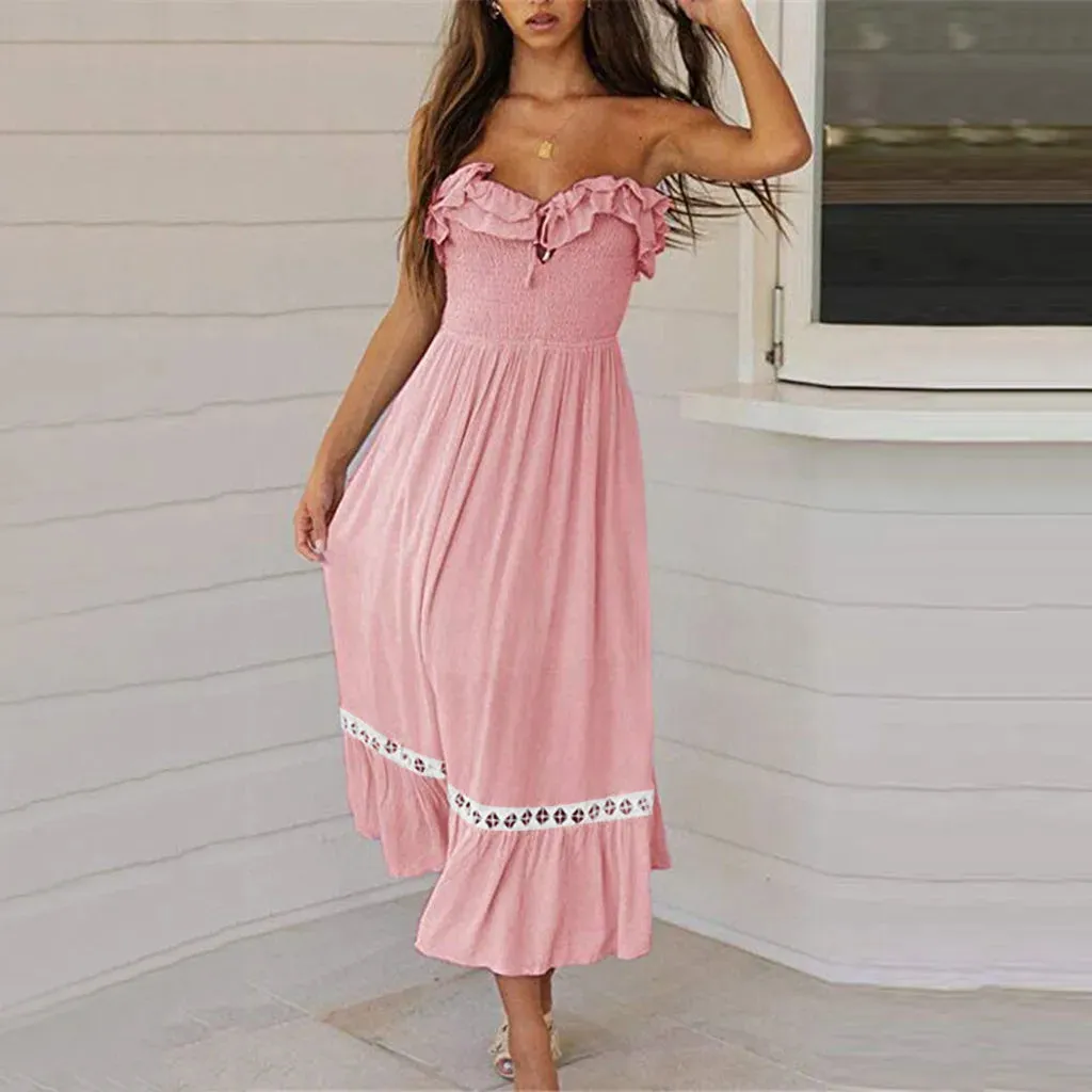 Lace Up Holiday Midi Party Sexy Strapless White Summer Vacation Midi Elegant Dress